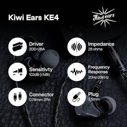 Linsoul Kiwi Ears KE4 in Ear Monitor, 2DD+2BA Hybrid Earphone, Gaming Earbuds, HiFi Wired IEM, with Detachable IEM Cable for Musician Audiophile (Silver)