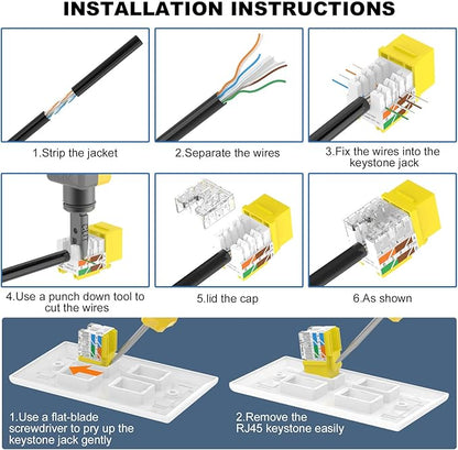 VCE UL Listed Cat6 RJ45 Keystone Jack Insert 25-Pack, 90 Degree Punch Down Keystone Jack Adapter Slim Profile Yellow