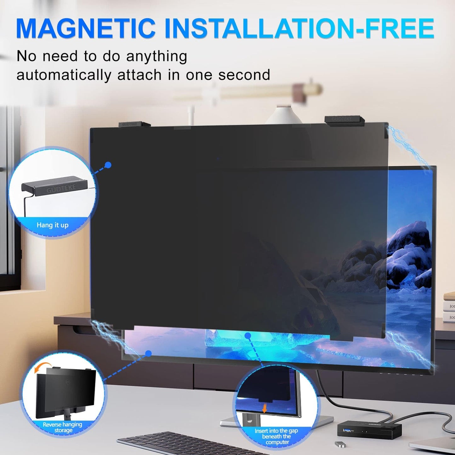 GUDTEKE Magnetic 27 Inch Privacy Screen for Computer Monitor 16:9 Aspect Ratio, Hanging Removable Anti-Blue/Glare Protector Film, Anti Spy Desktop Security Private Filter 27in