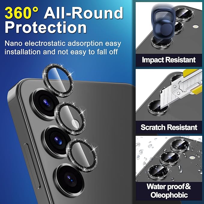 for Samsung Galaxy S25 Camera Lens Protector, Individual Metal Ring Tempered Glass Lens Cover, [Strong Adsorption] Scratch Resistant Ultra-Thin HD Clear Lens Cover, 1 Set-Black Sparkly