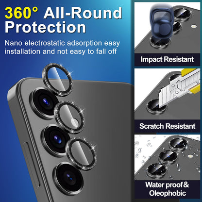 Avocase for Samsung Galaxy S25 Camera Lens Protector, Individual Metal Ring Tempered Glass Lens Cover, [Strong Adsorption] Scratch Resistant Ultra-Thin HD Clear Lens Cover, 1 Set-Black Sparkly