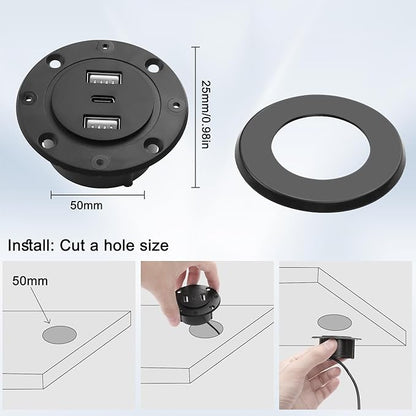 MEIRIYFA 3-in-1 Desktop Power Embedded Charger USB/Type C Desktop Station Mounts Charging Dual USB Multifunctional Desk USB Hub with 6.56 FT Power Cord for Bedside Table, Desks, Furniture