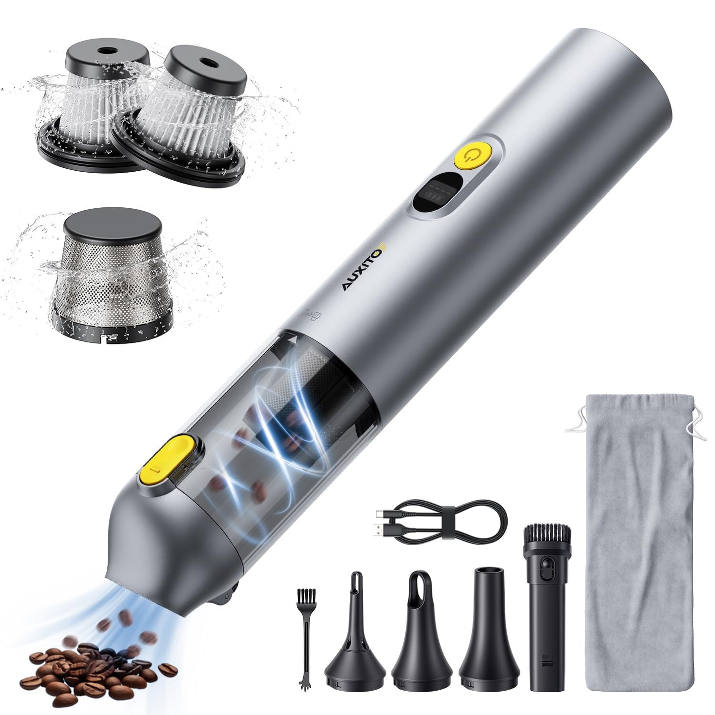 AUXITO Car Vacuum Cleaner - Portable Handheld Vacuum Cleaner 14000Pa Suction Power, Blow & Suction 2 in 1 Mini Vacuum Cleaner Hand Held Vacuum for Car, Home, Pet, Office, Gifts for Men (Silver)