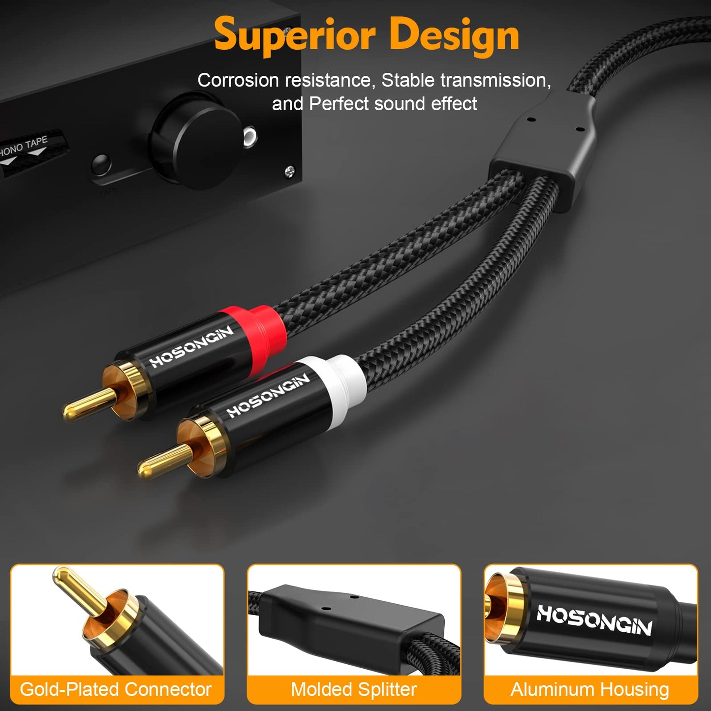 HOSONGIN RCA Cables 8FT 2 Pack[Hi-Fi Sound, Nylon Braided, Shielded], 2-Male to 2-Male RCA Audio Stereo Subwoofer Cable Auxiliary Cord for Home Theater, HDTV, Amplifiers, Hi-Fi Systems, Speakers