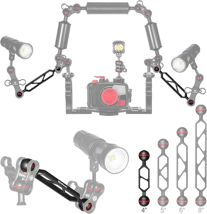 MINIFOCUS 4" Double Ball Aluminum Extension Arm, 1" Ball Head Connector Underwater CNC Arm System Ball Head Extension for Strobe/Video Light/Diving Camera Tray, Waterproof and Rustproof (2pack)