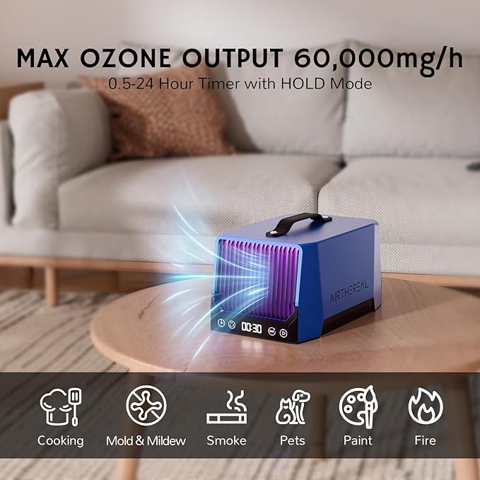 Airthereal DA25 Desktop Ozone Generator, 60,000mg/h High Capacity Odor Eliminator for Smoke, VOCs and Pet Odors, Portable Ozone Machine for Home, Garage & Car, Cover up to 5,000 sq.ft (Blue)