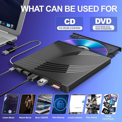 External CD/DVD Drive for Laptop, Ultra Slim CD Burner USB 3.0 Hub with 4 USB Ports, 2 TF/SD Card Slots,1 Type-C Port,DVD Player for Laptop Compatible with mac OS/Windows/Linux (Black)