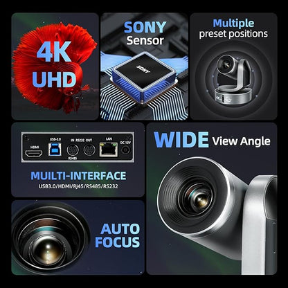 4K Conference Room Camera,PTZ Camera 20X Optical Zoom with IP/USB3.0/HDMI/RS232/RS485 for IP Live Streaming Video Conference and Church Education