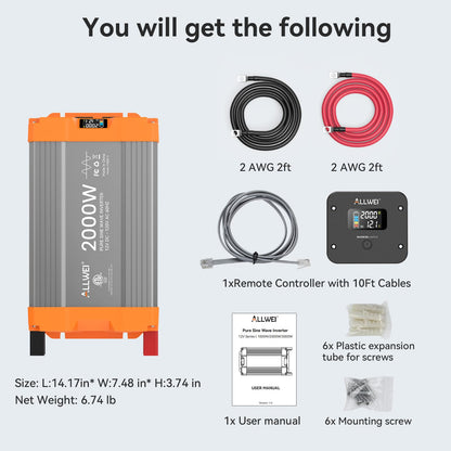 ALLWEI 2000W Pure Sine Wave Inverter 12V DC to 120V AC Converter, Surge 4000W, 20A Sockets, Hardwire Port, Power Inverters for Vehicles, RV Truck Home Solar & Off-Grid Inverter, Remote Controller