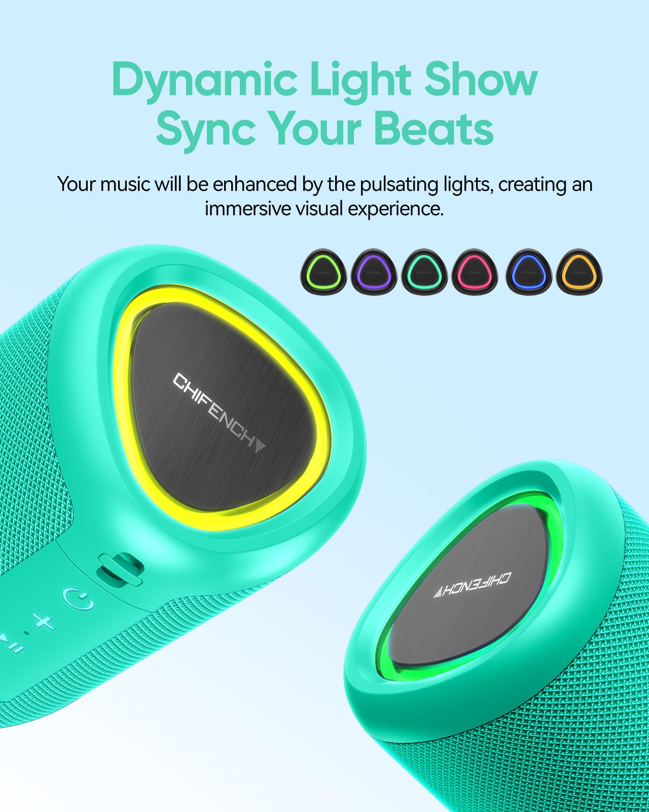 Portable Bluetooth Speaker Beach Essentials: Powerful Crystal Clear Sound/Dynamic Light/IPX5 Waterproof/All Day Playtime/Wireless BT 5.3/TWS Paring, Dad Gifts, Outdoor|Travel|Camping|Pool Accessories