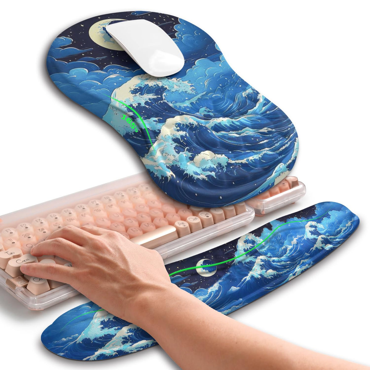 Hokafenle 2in1 Combination, Wave Keyboard Wrist Rest and Ergonomic Curvature Mouse Pad Wrist Support for Relieve Wrist Pain, Filled with Soft Cushion Memory Foam, Golden Pink Marble