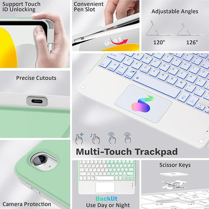 MoKo Touch Keyboard Case for iPad (A16) 11th Generation 11 inch 2025, iPad 10th Generation 10.9 inch Case with Pencil Holder, 7 Colors Backlit Multi-TrackPad Detachable Bluetooth Keyboard, Green