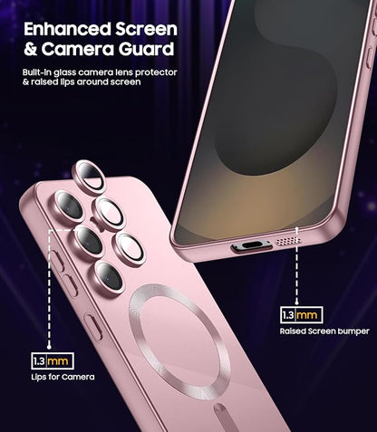 Magnetic for Samsung Galaxy S25 Case [Compatible with MagSafe][Built-in Camera Lens Protector] Slim Soft Silicone Bumper Shockproof Metallic Luster Phone Case (Rose Gold)