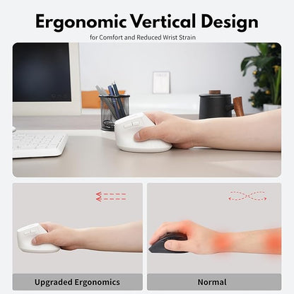 Vertical Wireless Mouse,Bluetooth Mouse with BT5.0/4.0/2.4G, Rechargeable Mouse with Battery Indicator,Ergonomic Design for Comfort and Reduced Wrist Strain, Ideal for Home& Office Use (White)