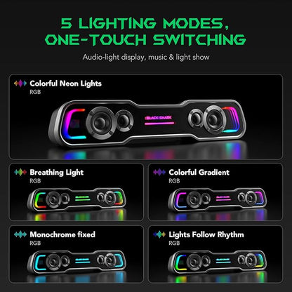 Black Shark BS-SP1 Bluetooth Computer Speakers for Desktop, 5 Colorful Lights Gaming PC Speaker with Stereo Sound, USB C/USB Powered Sound-bar for Computer Desktop PC Monitor Laptop