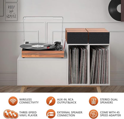 Vinyl Record Player with Speakers Vintage Turntable for Vinyls Records External Speakers Belt-Driven Turn Table Support 3-Speed Wireless Playback Headphone AUX-in LP Phonograph Audio Sound Wood Red
