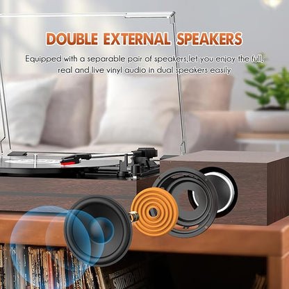 Vintage Record Player for Vinyl with Dual Separate Stereo Speakers Turntable BT Wireless Input Playback Belt Drive 3 Speed 3 Size Playback Record Player Support AUX Headphone Input RCA Out Auto Stop
