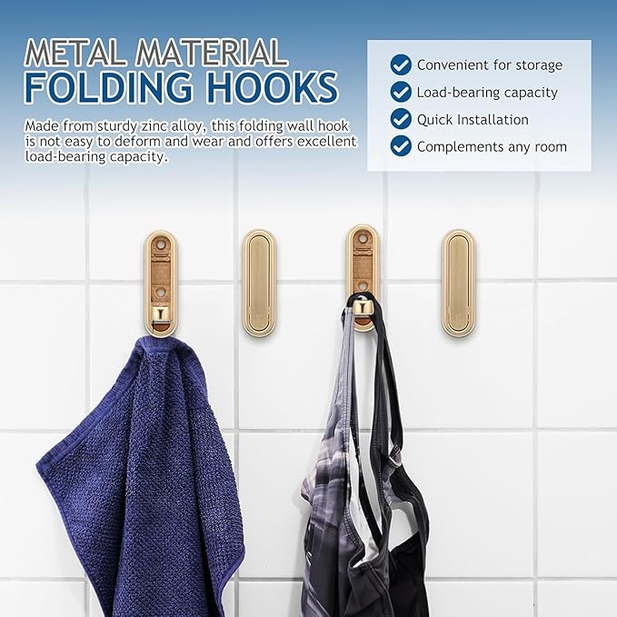 4PCS Gold Foldable Wall Hooks, Metal Folding Hooks Wall Mount, Easy Installation, Suitable for Bathroom Kitchen, Flip Down Hook for Wal l Hanging Coat, Bag, Towel, Key, Hat (Gold)