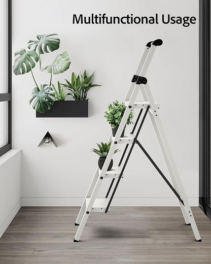 Taranta 4 Step Ladder, Lightweight Aluminum Step Stool with Convenient Handgrip, Folding Ladder with Anti-Slip Pedals, 330lbs Capacity Stepladder for Home, Office, Kitchen - White