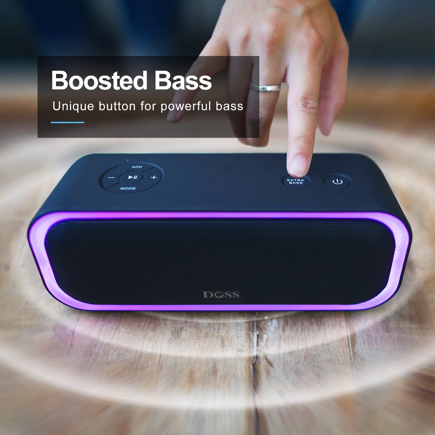 DOSS SoundBox Pro Bluetooth Speaker, 20W Stereo Sound, Active Extra Bass, 20H Playtime, Multi-Colors Lights, Wireless Stereo Pairing, IPX6 Waterproof for Garden, Hiking, Camping, Beach, Party-Blue
