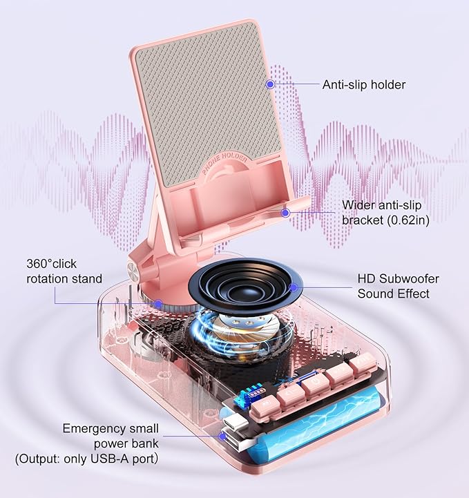Gifts for Men Women, Phone Stand with Bluetooth Speaker and Charging Function 360° Rotable Angel Adjustable Cell Phone Holder with HD Stereo Sound Fits All Phones,Tablet (Pink)