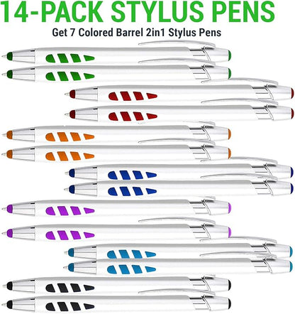 Stylus Pens - 2 in 1 Touch Screen & Writing Pen, Sensitive Stylus Tip - for Most Touchscreen Devices - Assorted Barrel Colors, Black Ink, 14 Pack