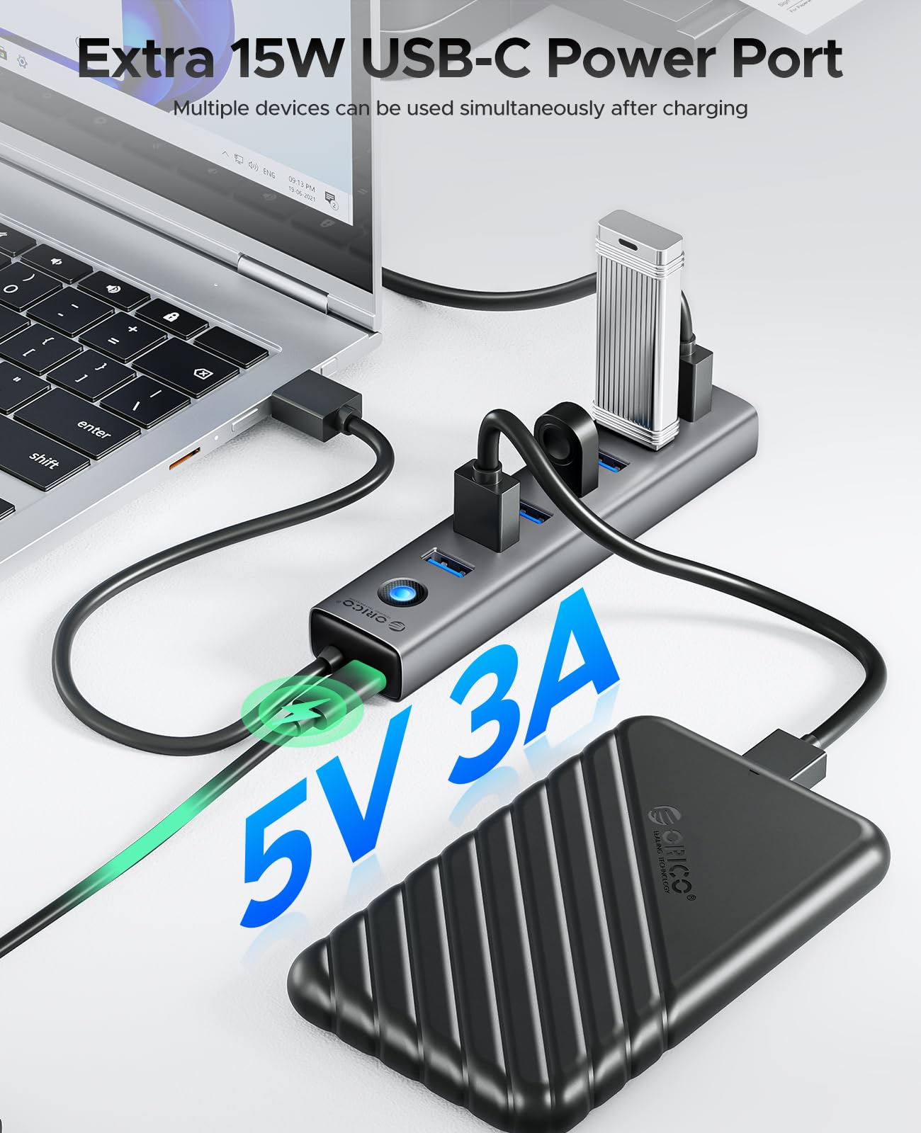 ORICO 7-Port USB 3.0 Hub, Aluminum USB Multiple Adapter, 5Gbps USB Extender USB Splitter with 1.64Ft Cable, UBS-A Hub Long Cable for Desktop, PC, Flash Drive, Mobile HDD, Windows/XPS
