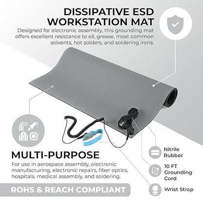 MWRF ESD Mat Kit with Wrist Strap and Grounding Cord - MWRF Source (18 Inches x 30 Inches x 0.12 Inch, Grey)