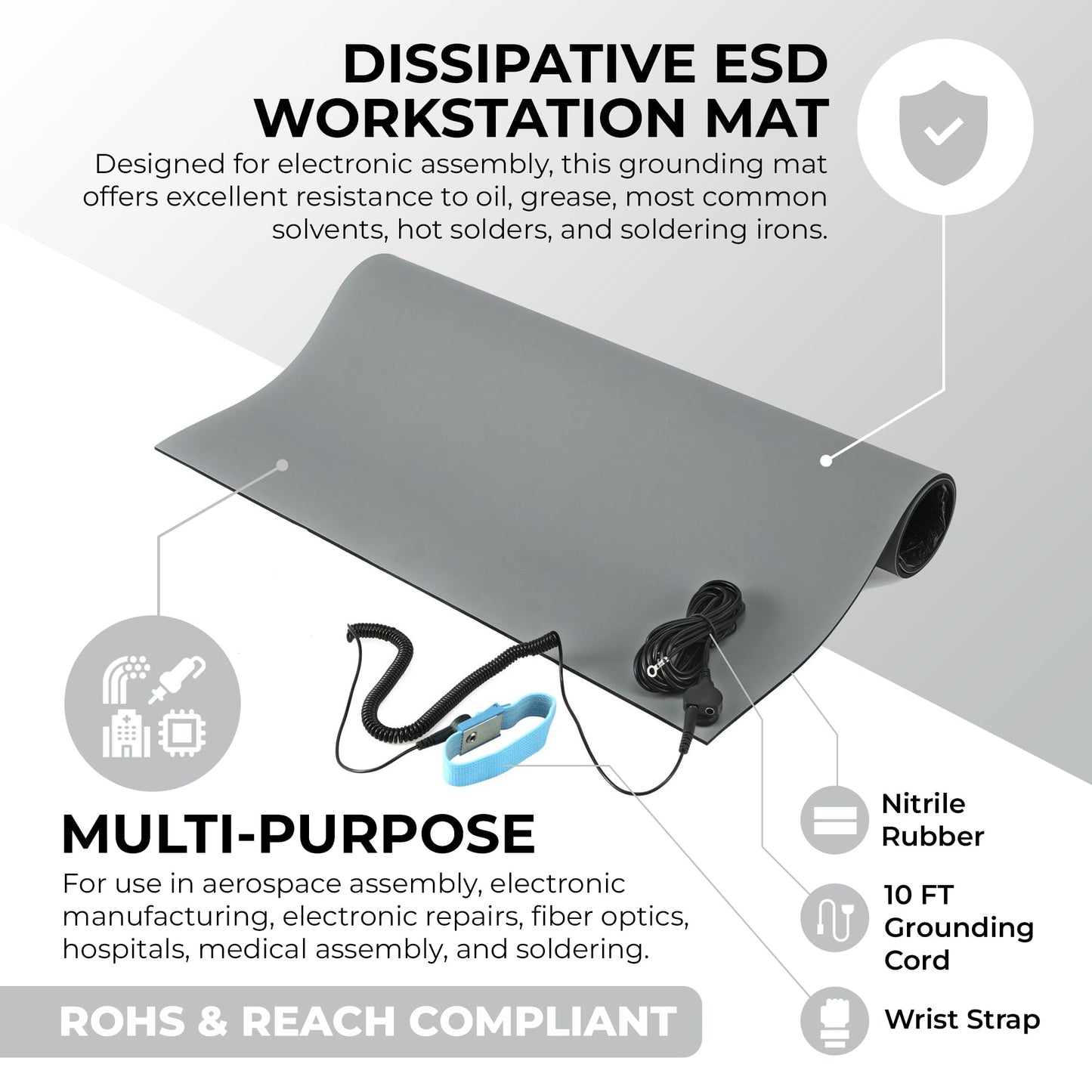 MWRF Source ESD Mat Kit with Wrist Strap and Grounding Cord (2 FT x 3 FT x 0.12 Inch, Grey)