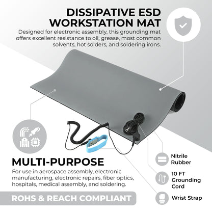 MWRF Source ESD Mat Kit with Wrist Strap and Grounding Cord (2 FT x 3 FT x 0.12 Inch, Grey)