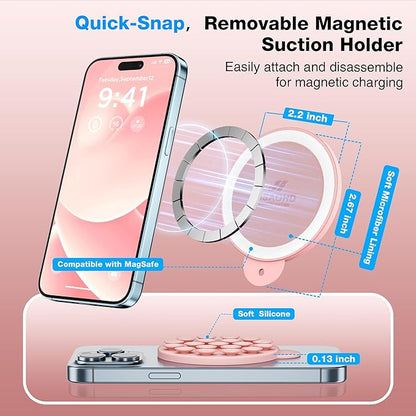 Magnetic Suction Cup Phone Mount for MagSafe Case, Silicone Hands-Free Grip Holder for iPhone and Android, Mirror Shower Phone Stand for Makeup FaceTime Gym Kitchen Bathroom, Peach Pink