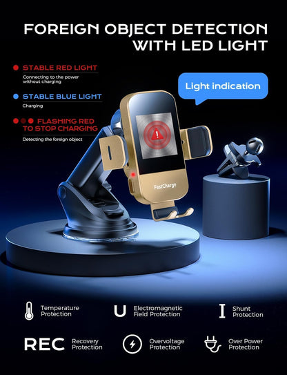 CHGeek Wireless Car Charger, 15W Fast Charging Auto Clamping Car Charger Phone Mount Phone Holder fit for iPhone 15 14 13 12 11 Pro Max Xs, Samsung Galaxy S24 Ultra S23 S22 S21, S20, S10+, Golden