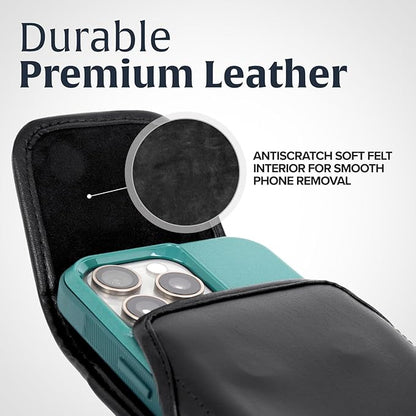 Turtleback Belt Holder for iPhone 16 Pro, 16e, 15 pro 14 Pro 13 Pro -Medium- Fits w/Shockproof Commuter Style Cases, Premium Black Leather Vertical Holster, Magnetic Closure Leather Wrapped Clip