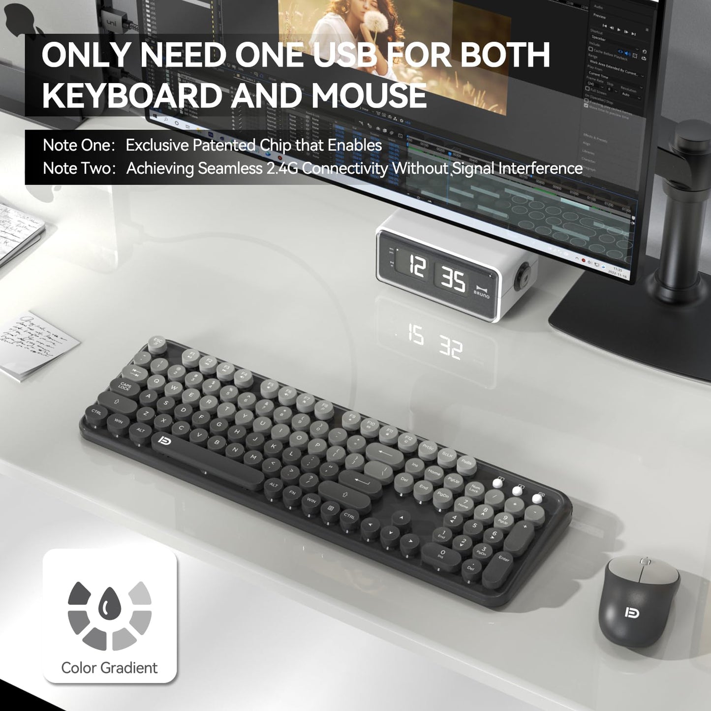 Wireless Keyboard and Mouse Combo, Retro Typewriter Style Round Keys, 2.4G Wireless Black and Grey Keyboard with Clicky Bubble Keys for PC Laptop and Desktop