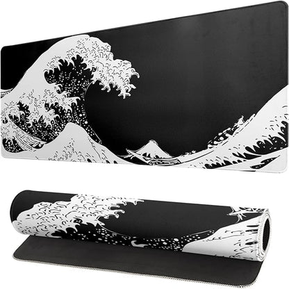 Japanese Sea Wave Large Mouse Pad, Abstract Black Gaming Mousepad, Extended Kanagawa Mat Desk Pad, 3mm Thick Long Non-Slip Rubber Base Mice Pad for Office and Home, 31.5x11.8 Inch