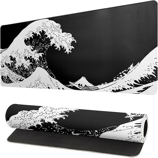 Japanese Sea Wave Large Mouse Pad, Abstract Black Gaming Mousepad, Extended Kanagawa Mat Desk Pad, 3mm Thick Long Non-Slip Rubber Base Mice Pad for Office and Home, 31.5x11.8 Inch