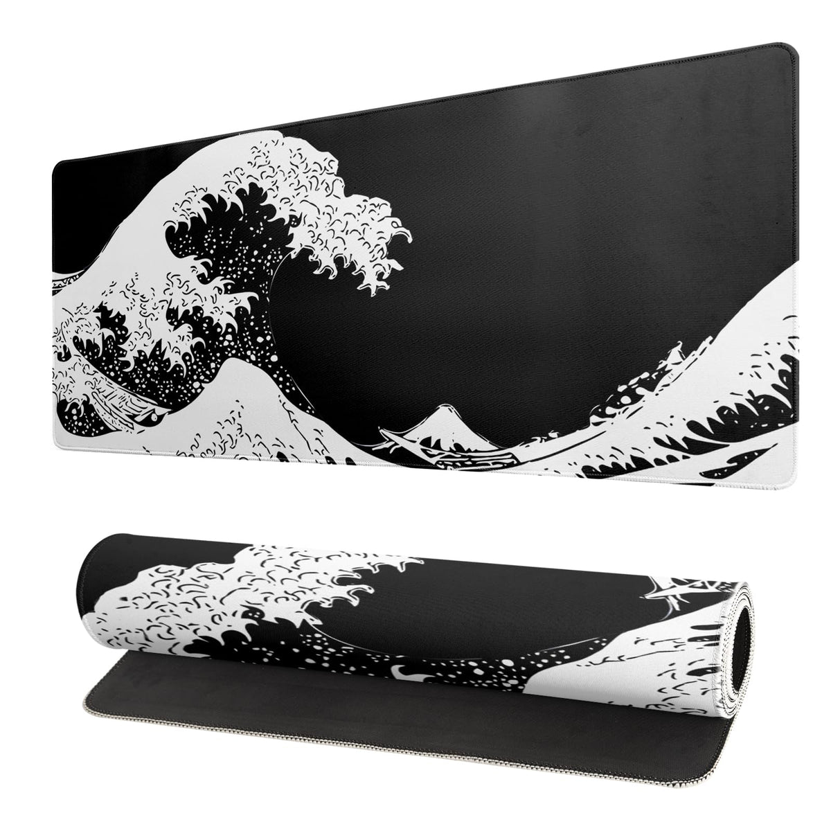 Japanese Gaming Mouse Pad Abstract Black Mouse Pad 31.5x11.8 Inch Black Sea Wave Texture Non-Slip Rubber Base Large Ocean Mousepad Stitched Edges Keyboard Mouse Mat Desk Pad for Office and Home