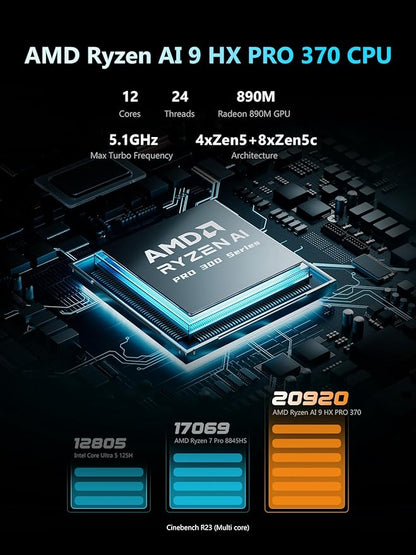 MINISFORUM N5 Pro 5-Bay Desktop AI NAS, AMD Ryzen AI 9 HX PRO 370(12C/24T) CPU, 16GB DDR5, 128G SSD, 1x10GbE, 1x5GbE, 2xUSB4, 8K HDMI, OCuLink, 1xM.2+2xU.2/M.2 Slot, Network Attached Storage(Diskless)