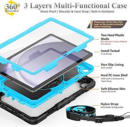 SEYMAC stock Case for Samsung Galaxy Tab A9+ Plus 11'', Full-Body Drop Protection Case with Screen Protector Pencil Holder [360° Rotating Hand Strap] &Stand, SkyBlue+Black