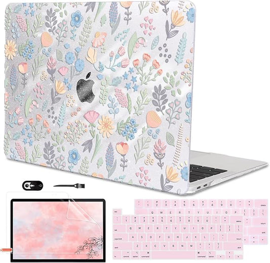 for MacBook Pro 13 inch Case 2022 2021 2020-2016 Release M2 M1 Chip A2338 A2251 A2289 A2159 A1989 A1706, Shiny Pattern Plastic Hard Shell Case Keyboard Cover Screen Film, Starry Sky Flowers