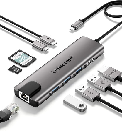 Lemorele USB C Hub Multiport Adapter 9 in 1 w/Gigabit Ethernet, 100W PD, HDMI 4K, 3 USB 2.0, 5Gbps USB C Data Port, SD/TF Card Reader, Dongle Docking Station for MacBook Lenovo HP Dell Laptops