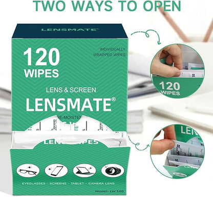 Lensmate 120 Count Lens Wipes for Eyeglasses, Pre-Moistened & Individually Wrapped Eyeglass Wipes, Lens Cleaning Wipes for Eyeglasses, Sunglasses, Goggles and Camera Lens