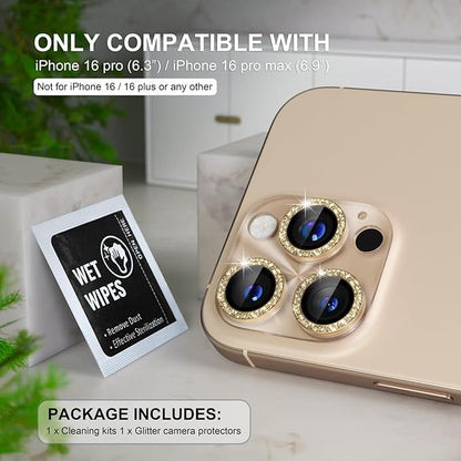 Choiche Compatible for iPhone 16 Pro/iPhone 16 Pro Max Camera Lens Protector, Bling Camera Cover with 9H Tempered Glass Lens Screen Protector Metal Ring Decoration Accessories (Clear-Titanium Desert)