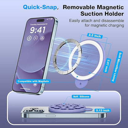 Magnetic Suction Cup Phone Mount for MagSafe Case, Silicone Hands-Free Grip Holder for iPhone and Android, Mirror Shower Phone Stand for Makeup FaceTime Gym Kitchen Bathroom, Lavender