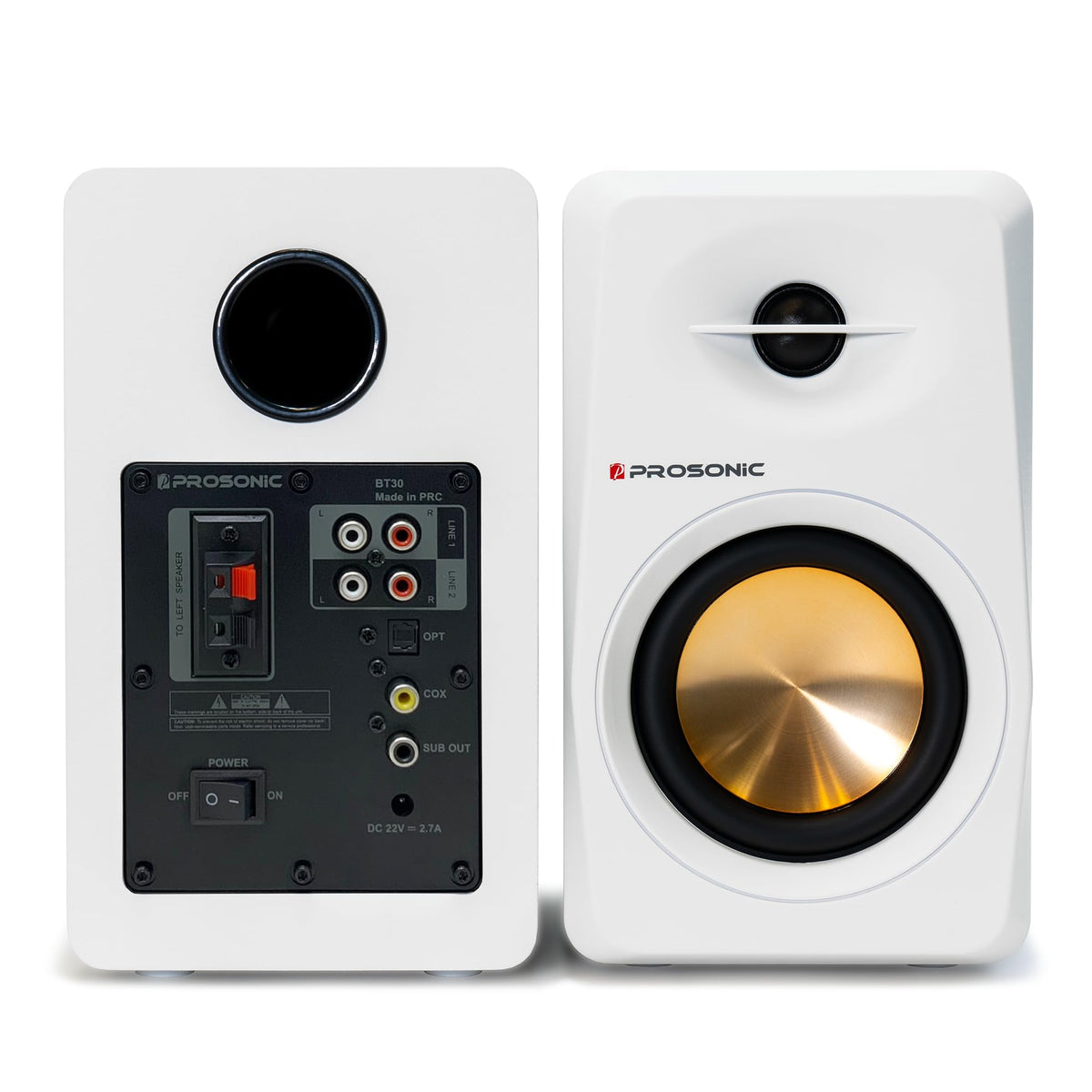 Prosonic BT30 White Bookshelf Speakers - Active Bluetooth 5.3 Powered Studio Monitors, 80W Desktop Computer Audio System with Optical/Coaxial/Aux for Turntable, Home Theater, TV & PC