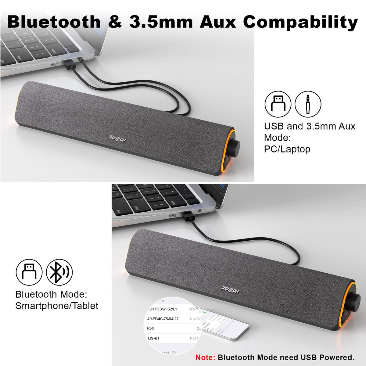 SOULION R50 Bluetooth Computer Speakers, USB Powered & 3.5 Aux