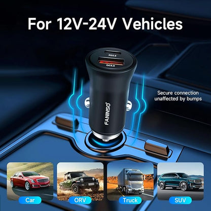 60W Car Charger USB C Fast Charge, Aluminum Dual Port Cigarette Lighter Adapter, Car Phone Charger for iPhone 16/15/14 Pro Max Plus, iPad, Samsung Galaxy S24/S23/S22 & More