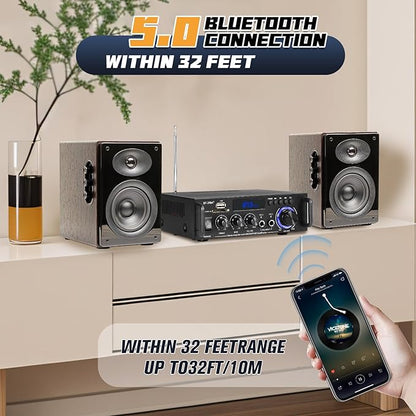 Stereo Audio Amplifier, 300W Home 2 Channel Wireless Bluetooth 5.0 Power Amplifier System, Home Amplifiers FM Radio, USB, SD Card, with Remote Control Home Theater Audio Stereo System