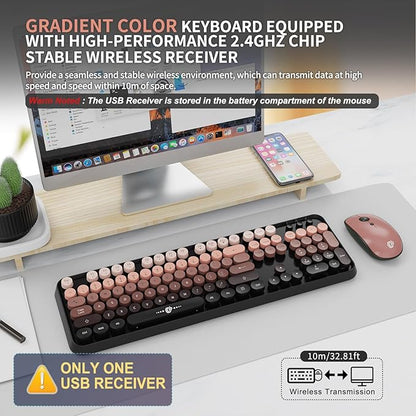 Wireless Keyboard and Mouse Combo, 104 Round Keys Cute Colorful Keyboard and Mouse with Retro Typewriter for PC/Mac/Laptop/Tablet/Computer/Windows Black
