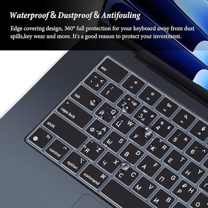 Russian Language Keyboard Cover Skin Compatible for 2025-2022 MacBook Air 15.3 inch A2941 A3114 A3241/MacBook Air 13.6 inch A3113 A2681 A3240 with M4 M3 M2,MacBook Air 2025 Keyboard Protector-Black